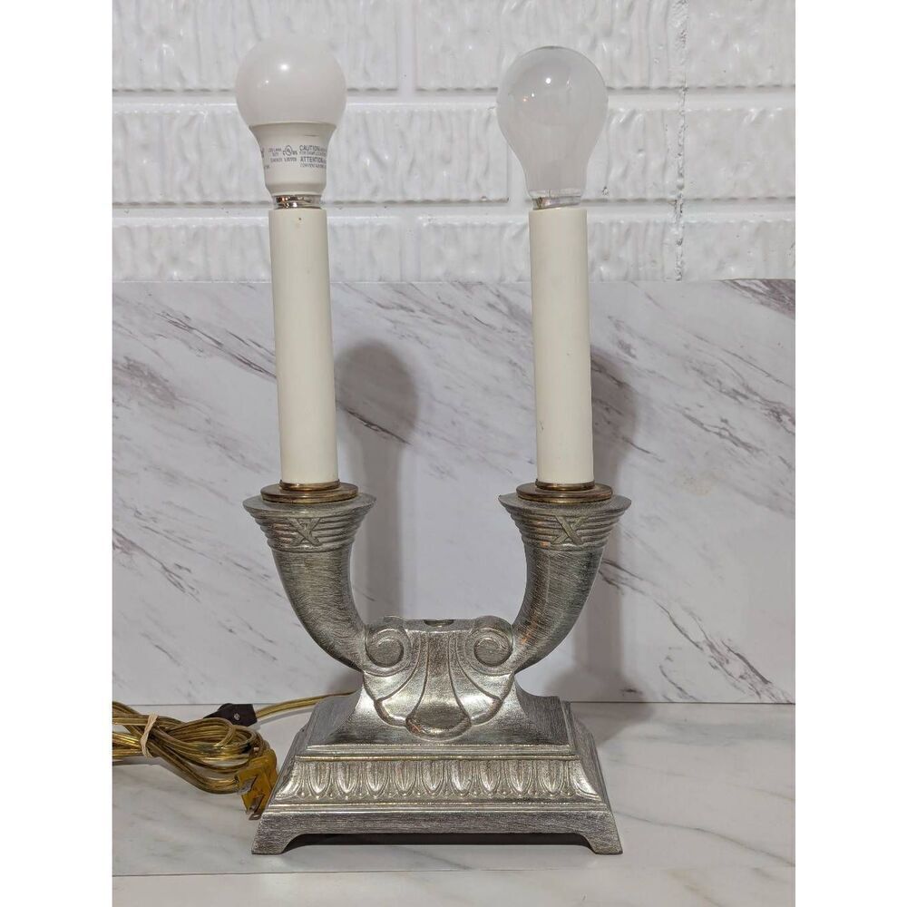 Rare Large Antique Art Neoclassical Silver Bronze Two Light Table Lamp